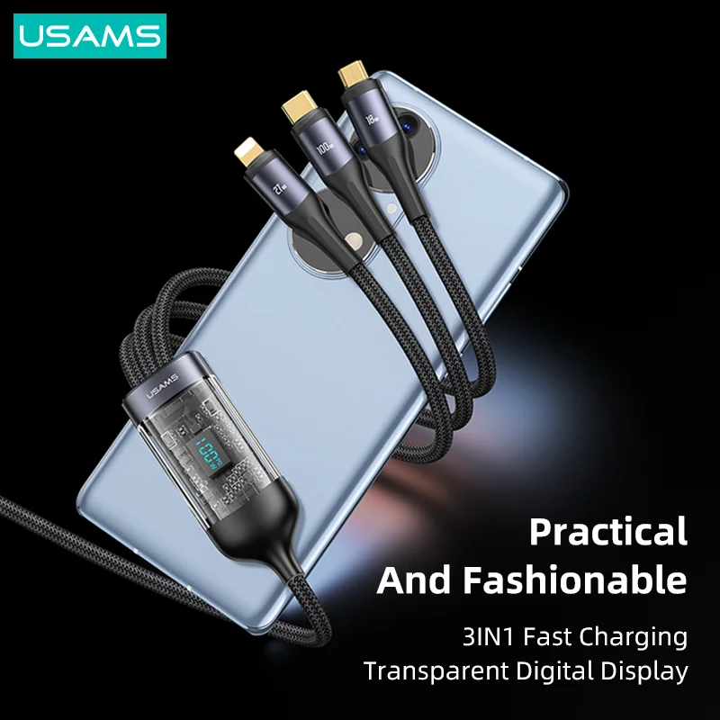 USAMS U83 100W 3 In 1 Digital Display Cable PD QC Fast Charge Type C Cable For iPhone 14 Pro Max 13 12 11 Xiaomi Huawei Samsung