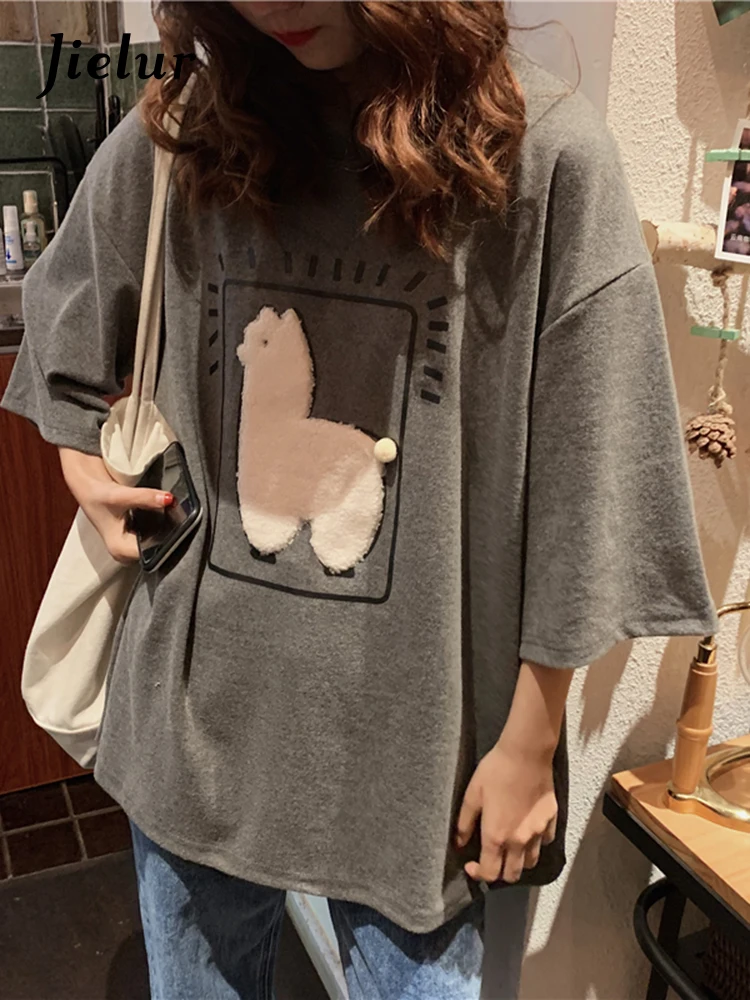 

Jielur Cartoon Alpaca Animal Printed Casual Loose M-XL Size Korean Style 2022 Summer Short Sleeve Women Top Female T-Shirts