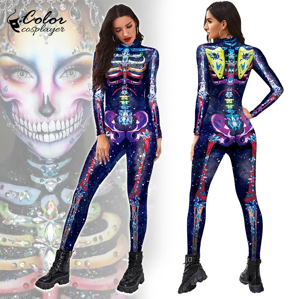 

Color Cosplayer Halloween Carnival Party Human Body Skeleton Cosplay Costume Zentai Catsuit 3D Printing Long Sleeve Bodysuit