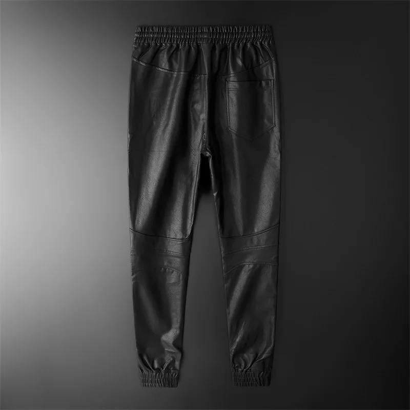 Thoshine Brand Men Leather Pants Superior Quality Elastic Waist Jogger Pants Motorcycle Pocket Faux Leather Trousers Harem Pants