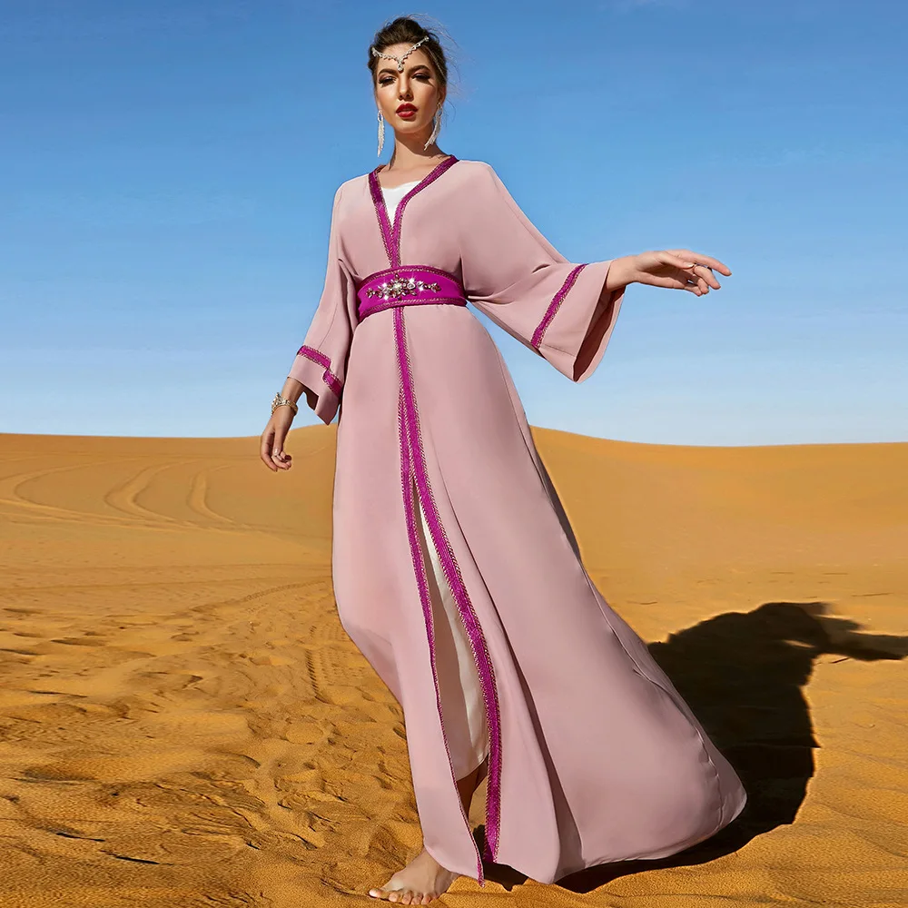Luxury Rhinestone Muslim Dubai Abaya Caftan Moroccan Open Kimono Women Hijba Dress Islamic Turkey Middle East Evening Party Gown