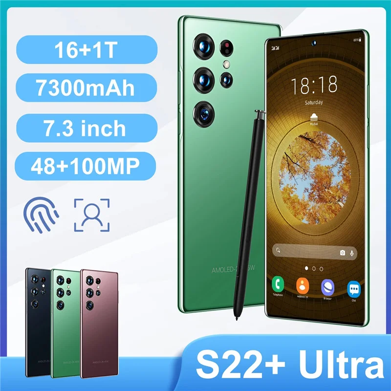 Global Version 2022 New S22+ Ultra 7.3 Inch Smartphones 16GB+1TB 7300mAh 4G/5G Network Unlock Cell Phone Dual SIM Android Phones