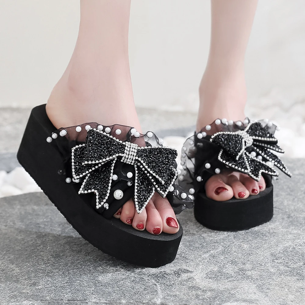 

Fashion Pearl Bow Woman Sandals Platform Wedge Non-Slip Flip Flops Flat Beach Shoes Indoor Slippers Female zapatos de mujer