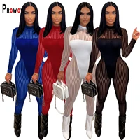 prowow sexy mesh patchwork women jumpsuits striped see through party nightclub wear long sleeve summer fall bodycon outfits