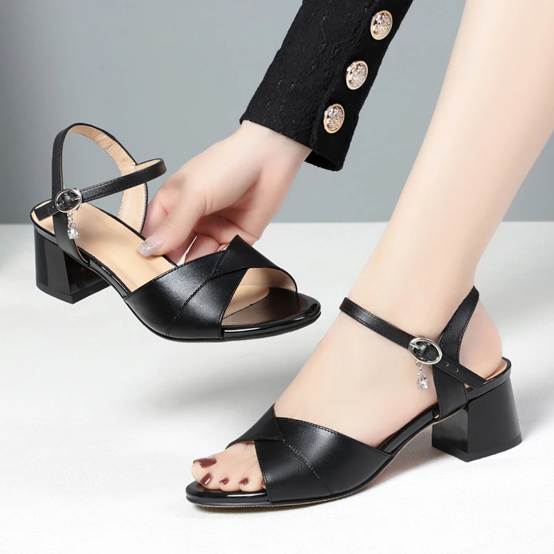 AIYUQI Sandals Women Genuine Leather 2023 New Summer Anti Slip Open-toe Women's Sandals Mid Heel Fashion Dress Women's Sandals