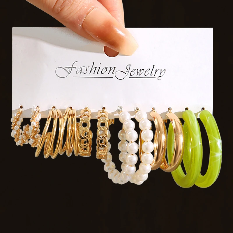 17KM Pearl Acrylic Dangle Earrings Set Geometric Butterfly Twist Hoop Earrings for Women Metal Gold Color Circle Trendy Jewelry