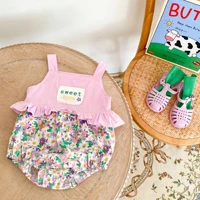 summer new baby girl floral stitching printed romper baby pocket sleeveless jumpsuit
