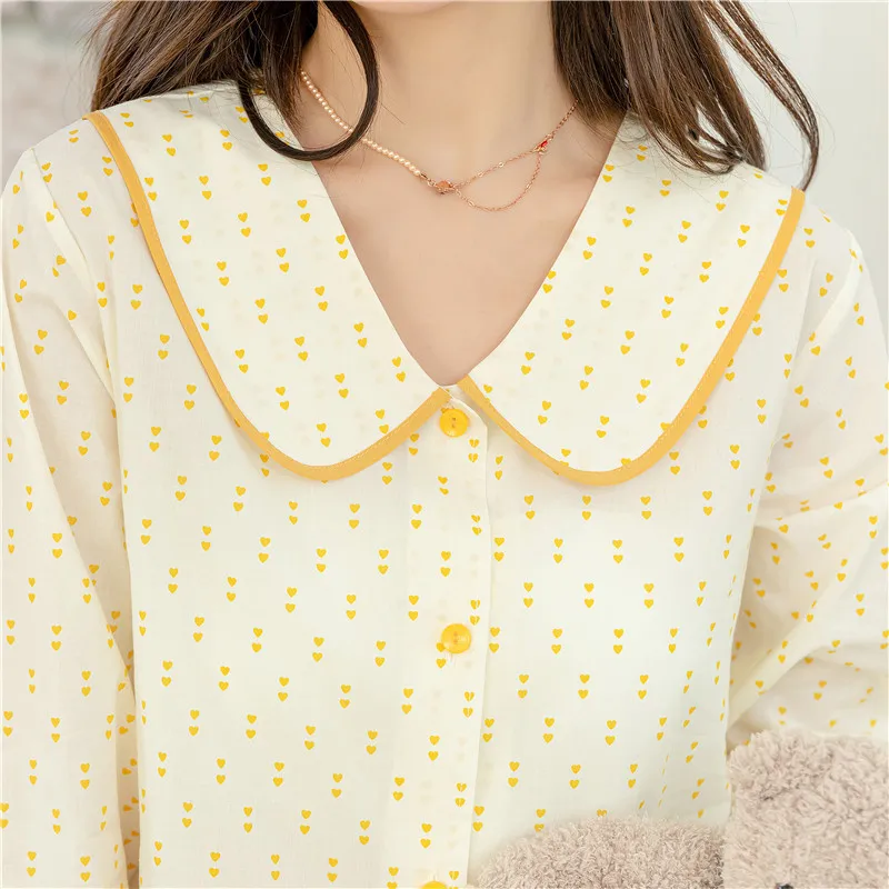 2023 Spring and Summer New Long-Sleeved Trousers Pajamas Suit Women's Cute Love Girl's Home Wear Woven Cotton