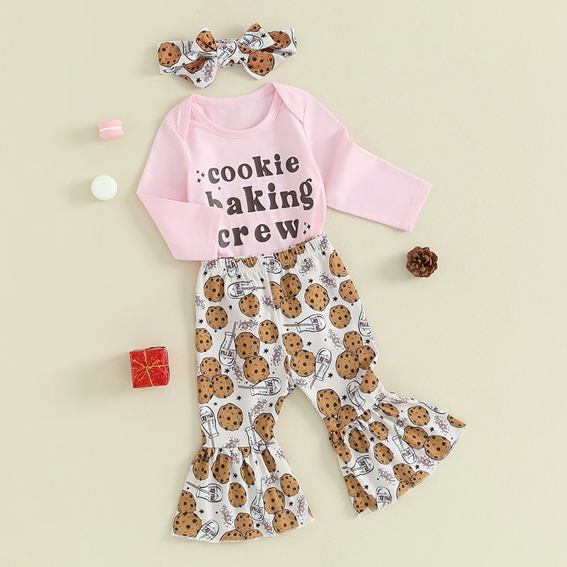 

Infant Baby Girl Christmas Outfits Letter Print Long Sleeve Romper Cookies Flare Pants Bow Headband Toddler Clothes