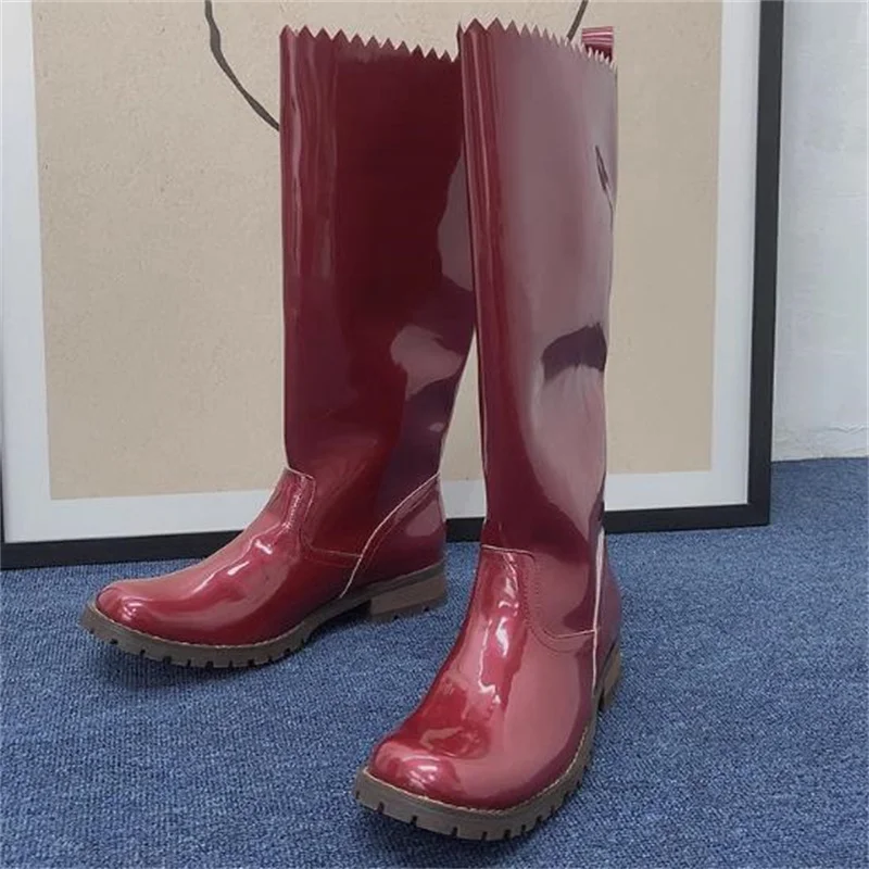 

Long Calf Boots Patent Leather Ladies Shoes Red Churry Mid Heels Round Toes Femme Botas Solid Women Sewing Lines Zapatos Mujer