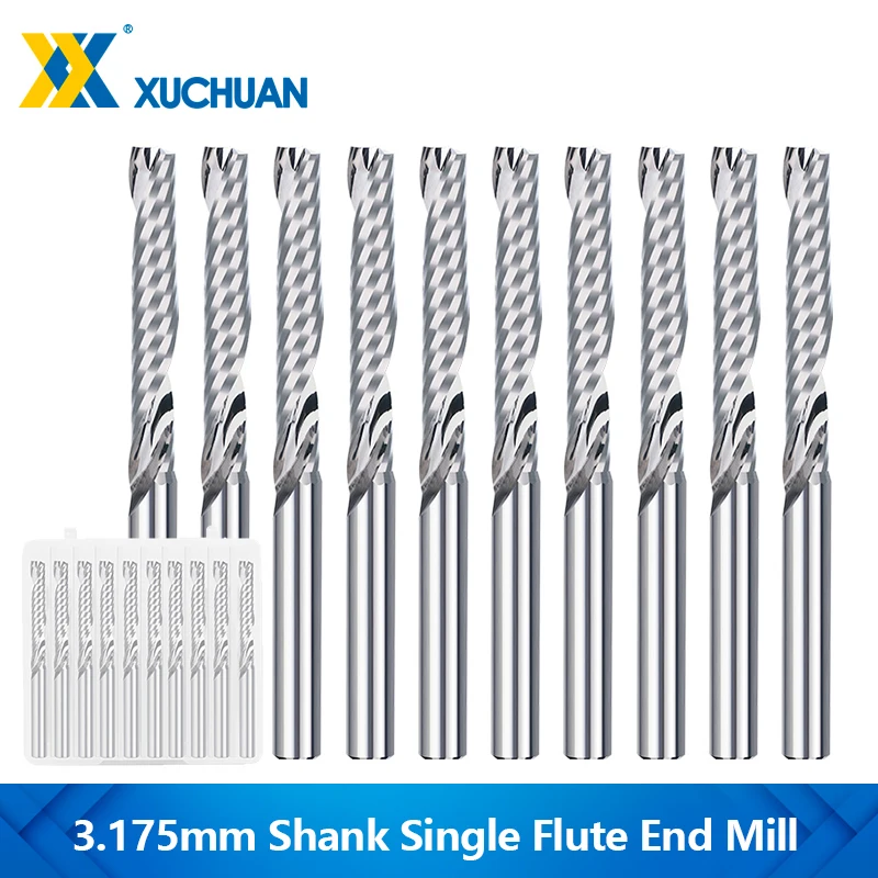 

XUCHUAN 10 шт. фреза с ЧПУ, однофлейтовая фреза, 3,175 мм хвостовик, спиральная твердосплавная концевая фреза для дерева, пластика, ПВХ