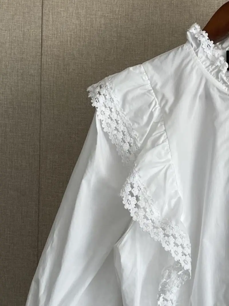 

Spring Summer 2023 Women's Blouse Lace Trim Embroidery Lantern Sleeve Single Breasted Elegant White Blouse