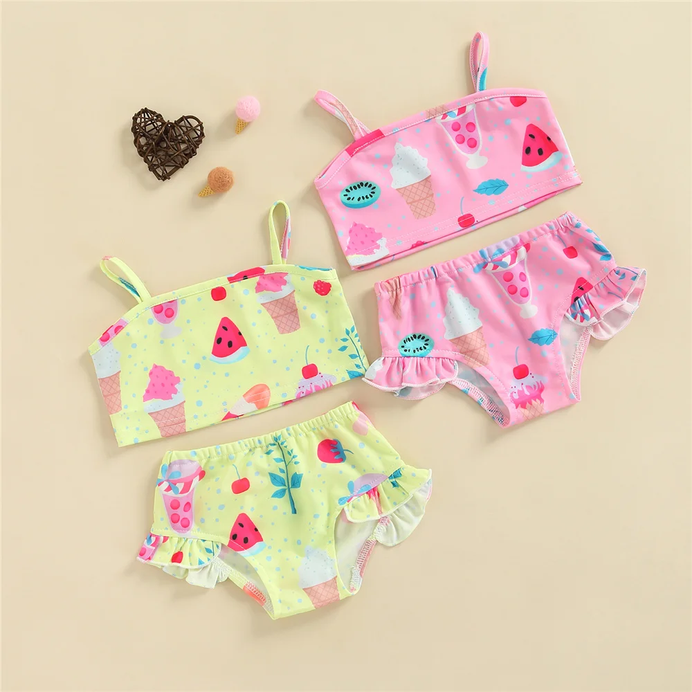 

Toddler Baby Girls Fruit Print 2Pieces Bikini Sets Sleeveless Crop Tops + Ruffles Briefs Swimwear Summer Beachwear Kids Swimsuit