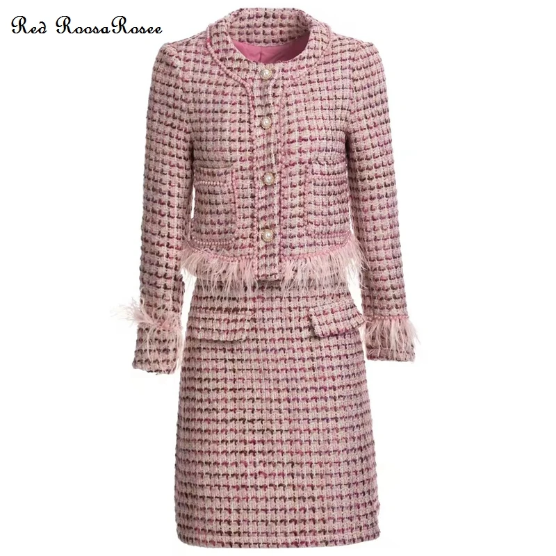 

Red RoosaRosee Two Piece Set Luxury Baeds Feather Plaid Long Sleeve Coat + Mini Skirt Twinset Suit Fashion Autumn 2022 Women