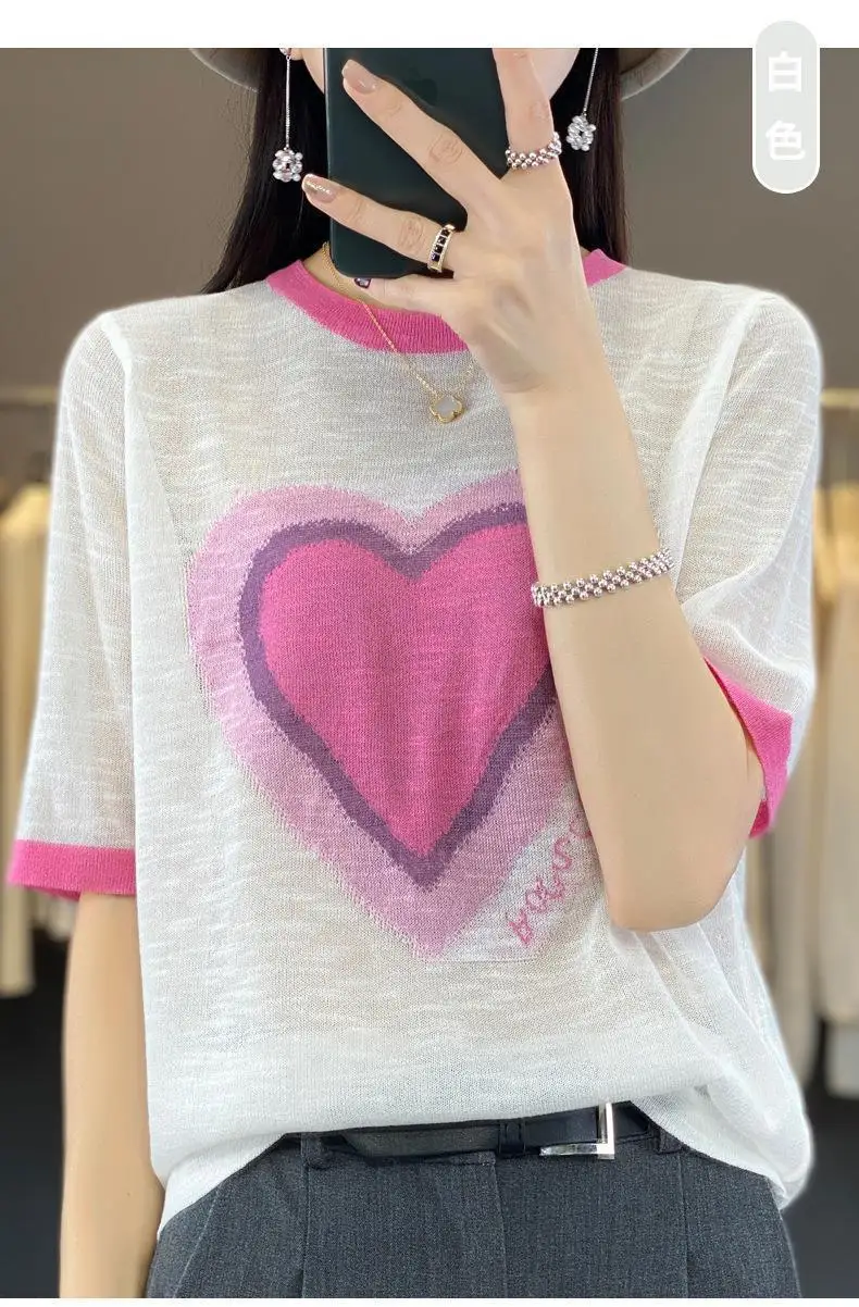 

Dopamine wear with the new summer bamboo ice silk t-shirt round neck pullover mid-sleeve clash color sweater white