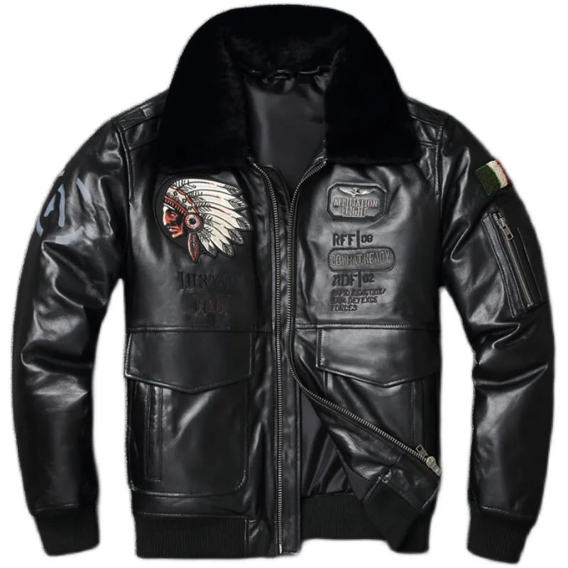 Indian Embroidery Flight Suit Pure Sheepskin Jacket Men's Oversize Motorcycle Slim Coat Cotton warm detachable lamb wool collar