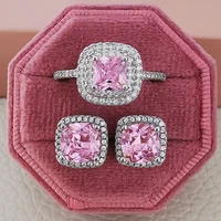 2pcs pack silver color bride jewelry set halo engagement ring round stud earring for wedding gift j5572 pink