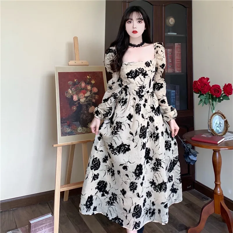 

COIGARSAM Women's Dress Spring 2022 New French Style Casual Print Puff Sleeve Square Collar Dresses Dropshipping