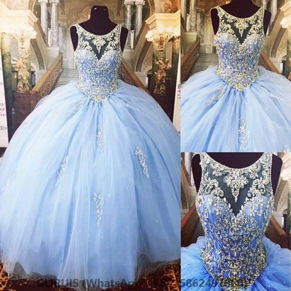 

Light Sky Blue Sweet 15-16 Party Debutantes Gowns Backless Sheer Neck Crystals Sparkly Sequins Tulle Custom Quinceanera Dre