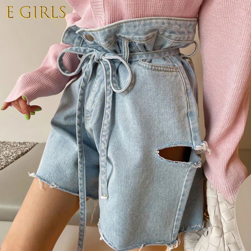 J GIRLS  Women Hole laced Bud shaped Curly Denim Shorts 2022 Korean Chic Summer Retro All match High waisted Thin Jeans Female