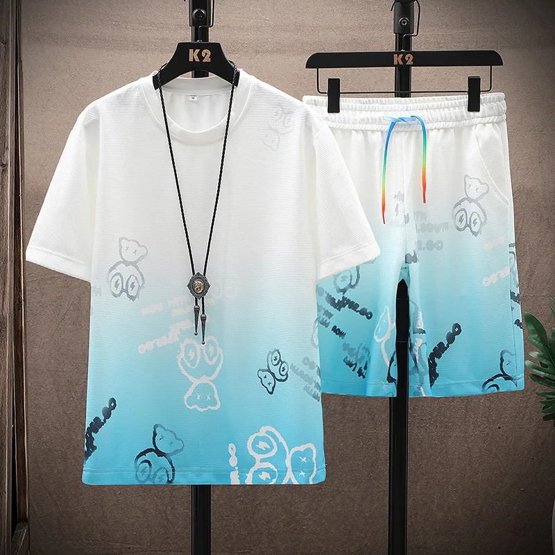 

Men's Summer Waffle Gradient Cartoon Printing T Shirt Fashion T-shirt Short-sleeved Shorts Two-piece Suit Men Clothing Set