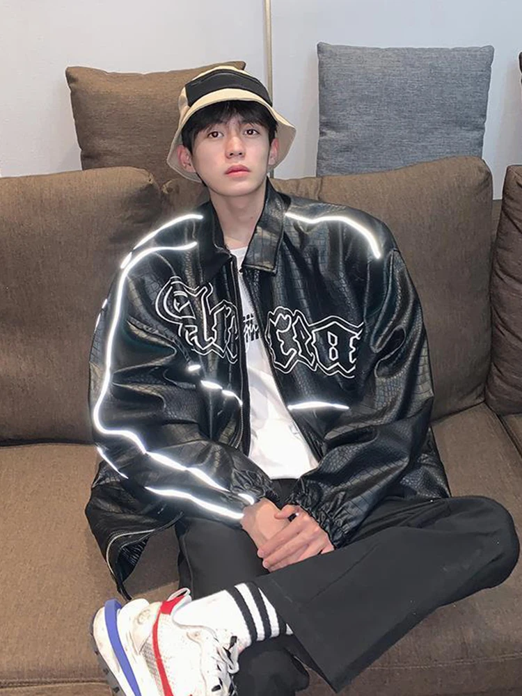 Куртка-бомбер мужская из искусственной кожи светоотражающая куртка верхняя