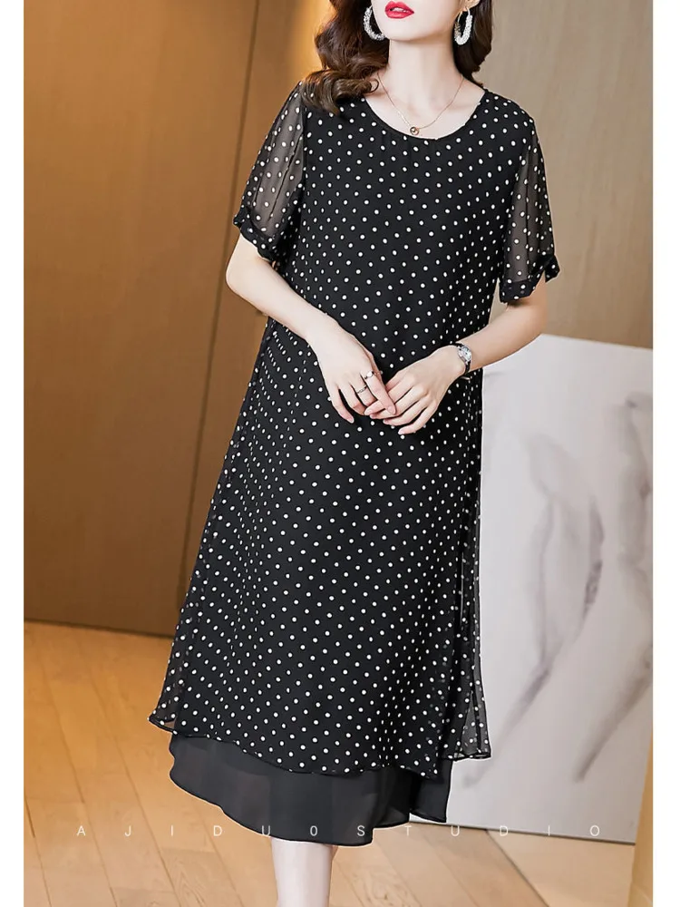 

Женское шифоновое длинное платье в горошек, прямое свободное платье большого размера с коротким рукавом и круглым вырезом, длиной до середины икры