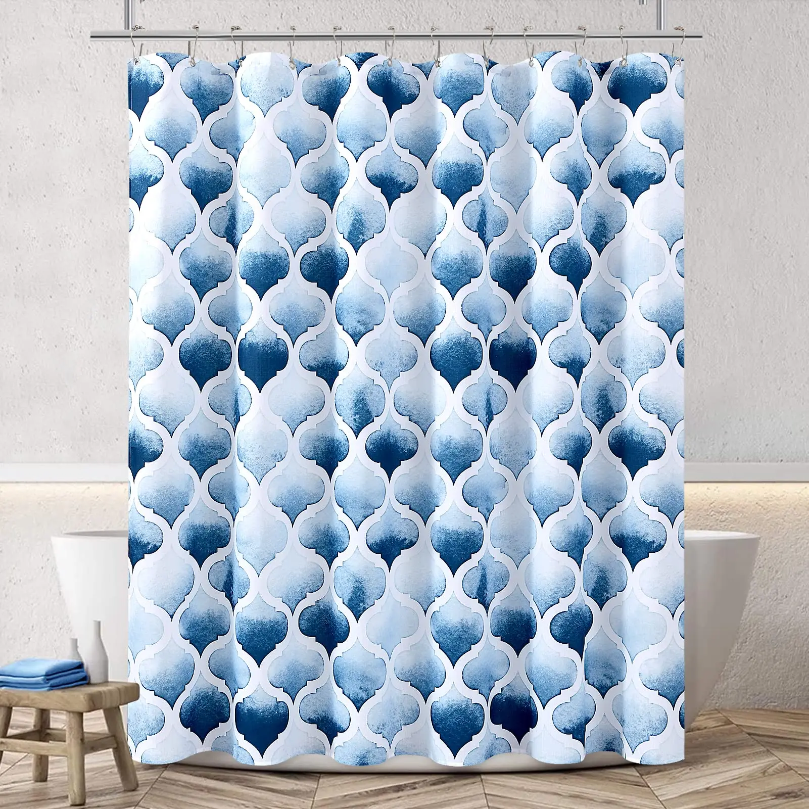 

Марокканская занавеска для душа, синяя Акварельная душевая занавеска из фольги с геометрическим узором, в стиле ретро, для ванной комнаты