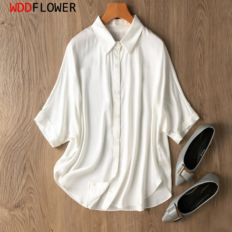 

Women 92% Natural Mulberry Silk 8% Spandex 19 Momme White Buttons Down Collared half sleeve shirt Top Blouse office work MM514