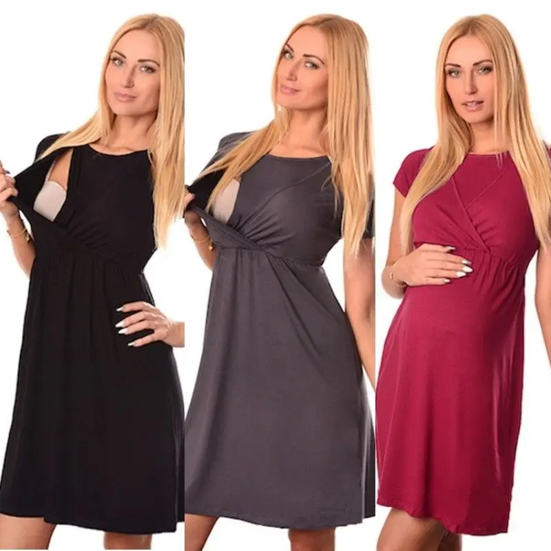 

Women Maternity Dresses Summer Nursing Short Sleeve Nightgown Dress Solid Tunic Breastfeeding Clothes Sleepwear Pregnancy