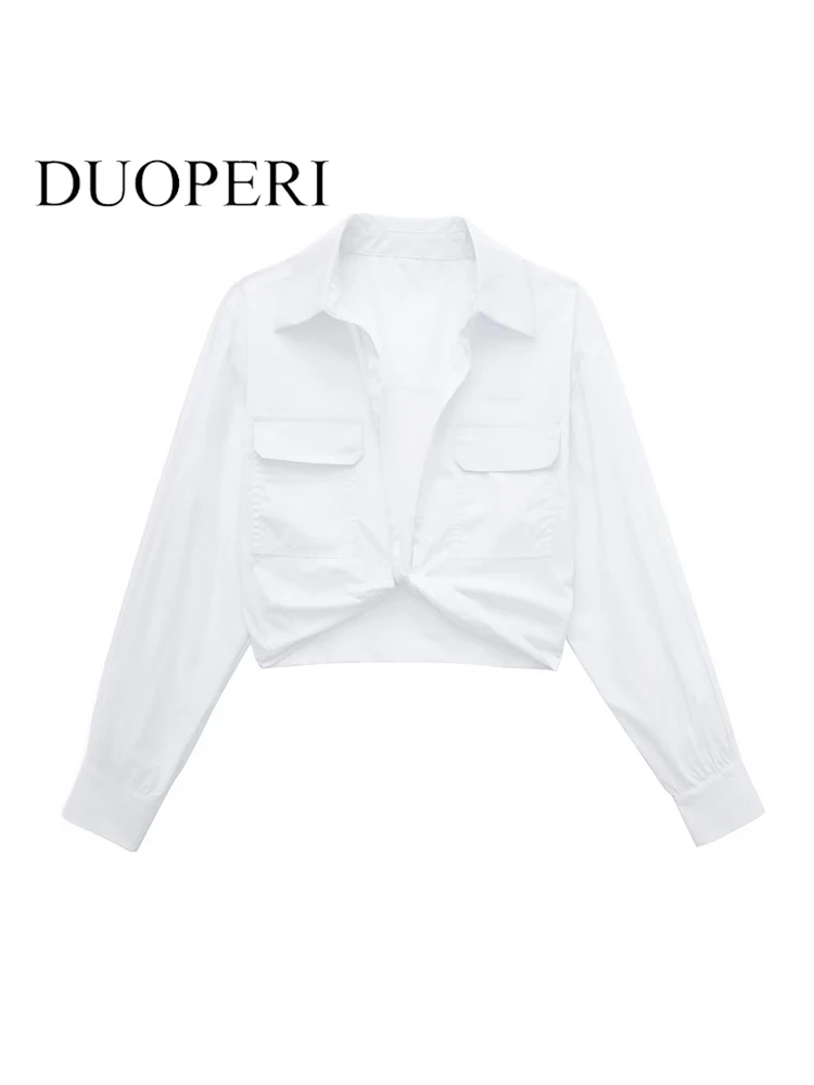 

DUOPERI Women Fashion With Pockets Knot Solid Side Zipper Cropped Blouse Vintage Lapel Neck Long Sleeve Female Chic Lady Shirt