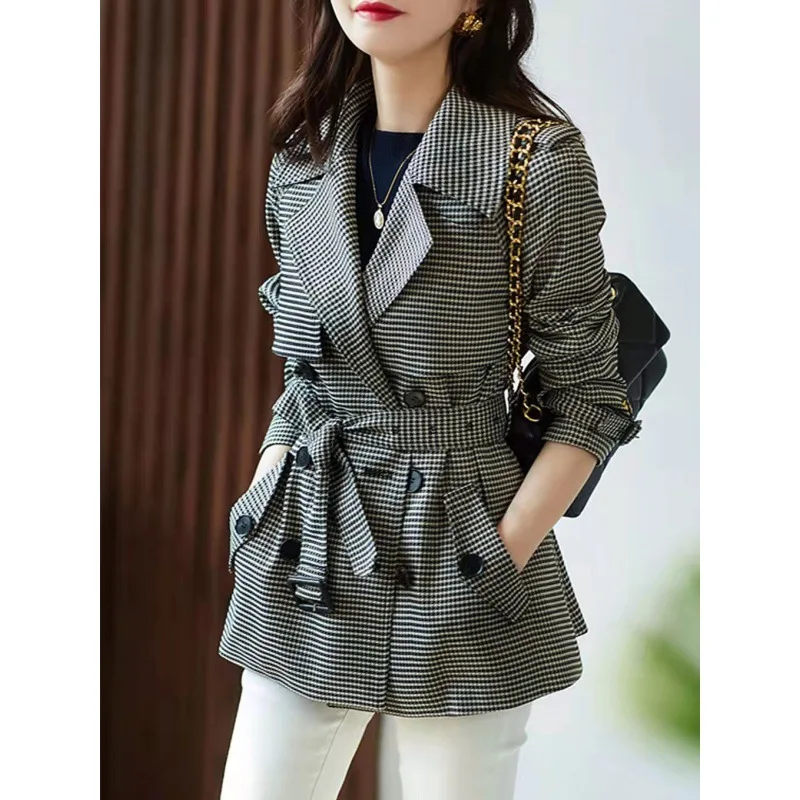 

Женская осенне-зимняя мода 2023, Корейская клетчатая винтажная элегантная повседневная верхняя одежда с рисунком «гусиные лапки», куртка оверсайз