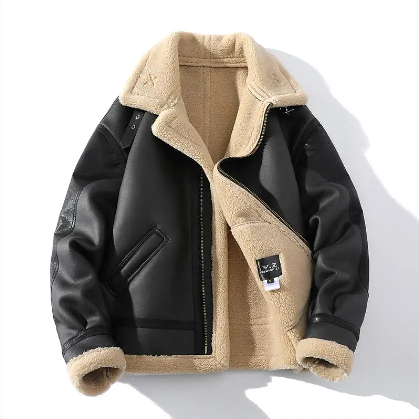 

Winter Men's Faux Fur One-Piece Lamb Coats Short Motorcycle Leather Jacket Trend Thick Lapel Business Casual Plus Size Clothes