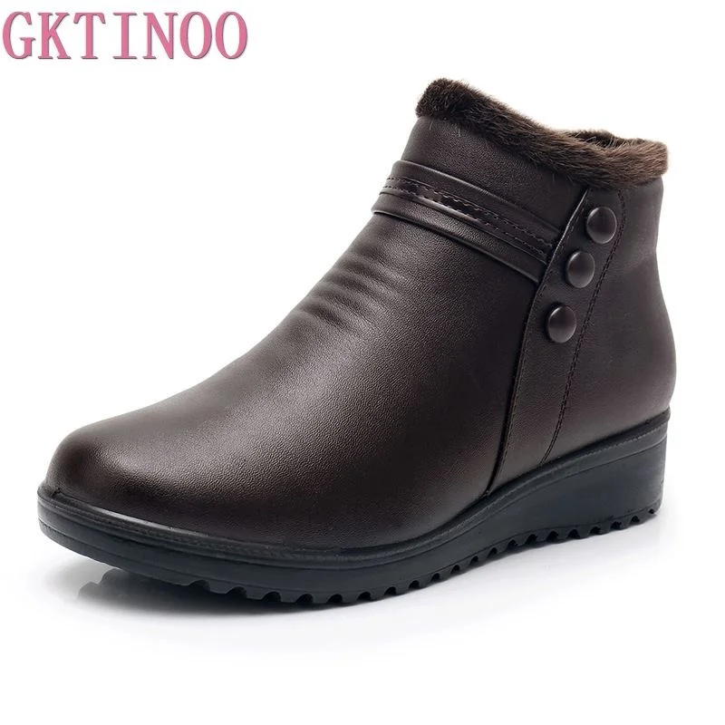 

2023 Fashion Winter Boots Women Leather Ankle Warm Boots Mom Autumn Plush Wedge Shoes Woman Shoes Big Size 35-41