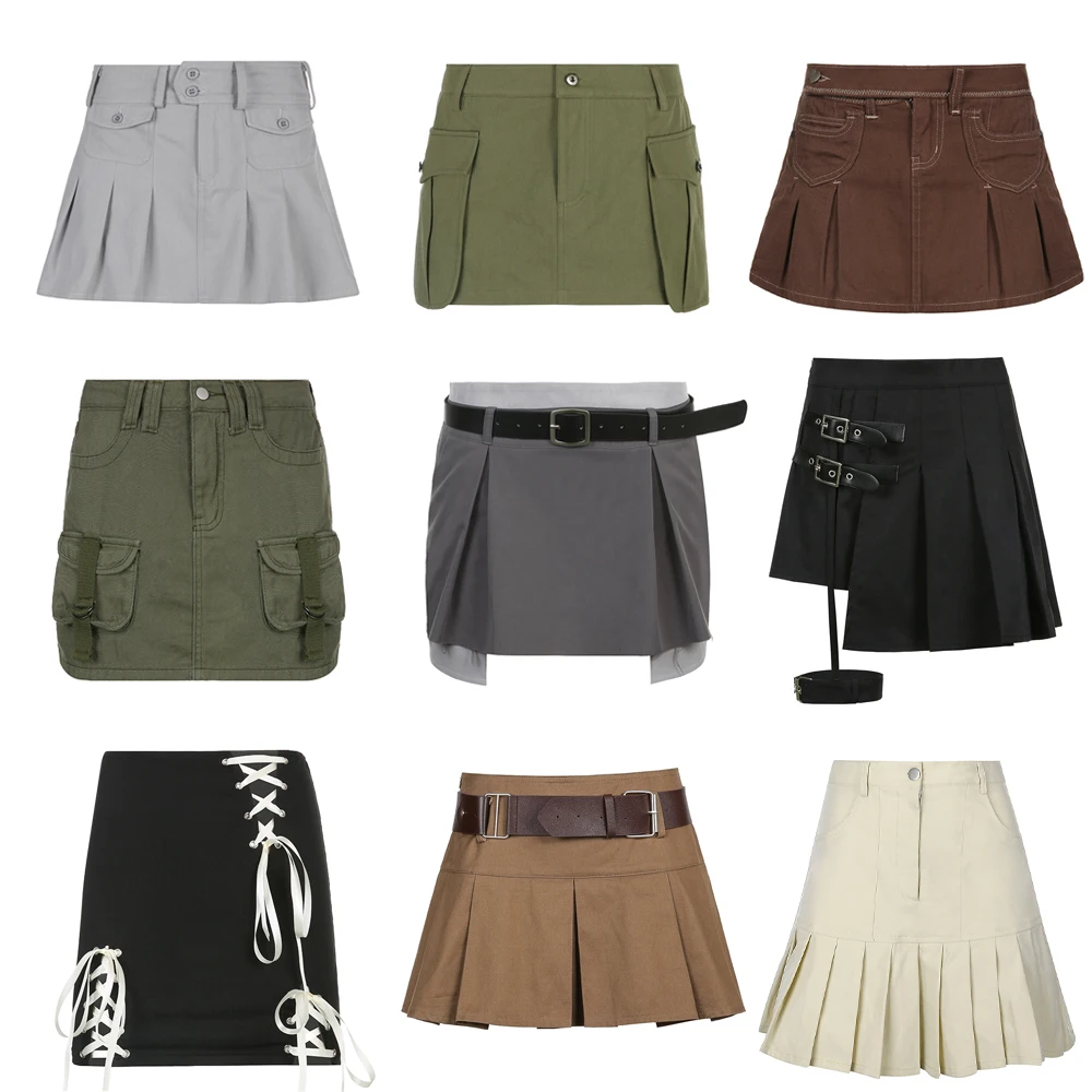 

Casual Brown Pleated Emo Mini Skirt Ladies High Waisted Short Skirts Womens with Belt Korean Fashion 90s Summer Street Y2k Skirt