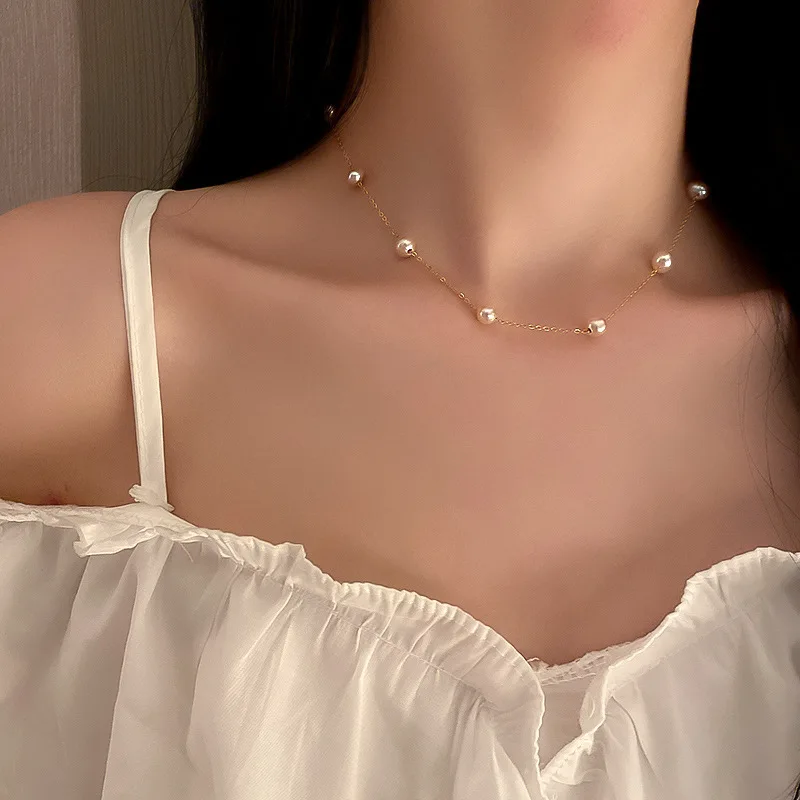 

U-Magical Minimalist White Pink Simulation Pearl Chokers Necklace for Women Fashion Metal Beaded Necklace Jewellery Accessories