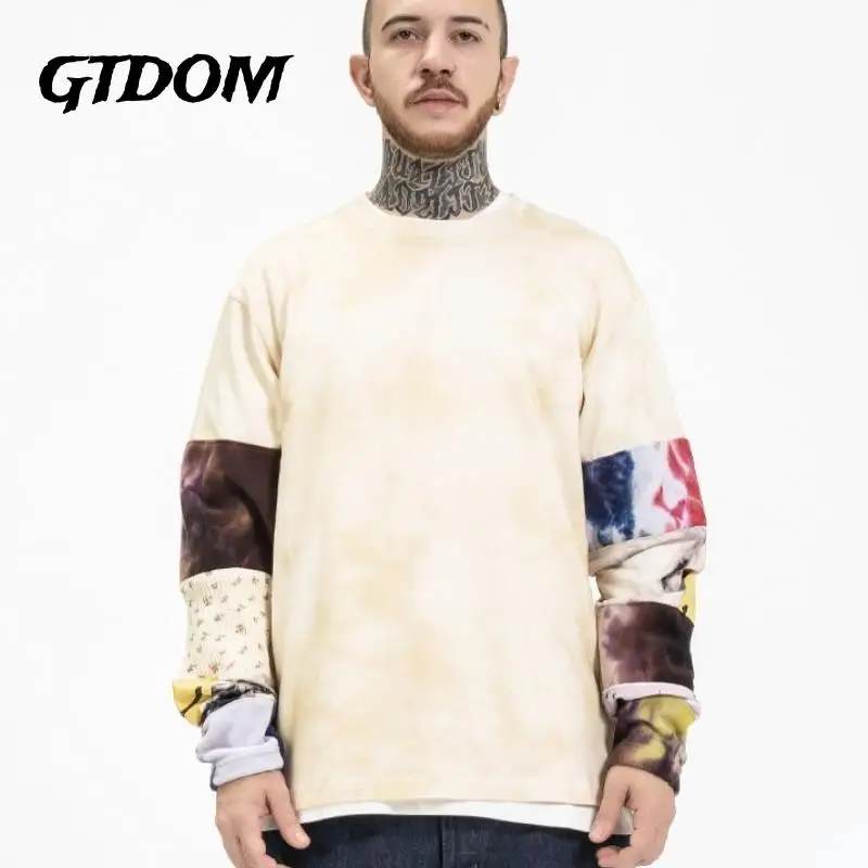 

GTDOM Loose Patchwork Tie-dye O-Neck Long Sleeve Couple T-shirt 2022 Autumn Winter New Japanese Style Long Sleeve Pullover