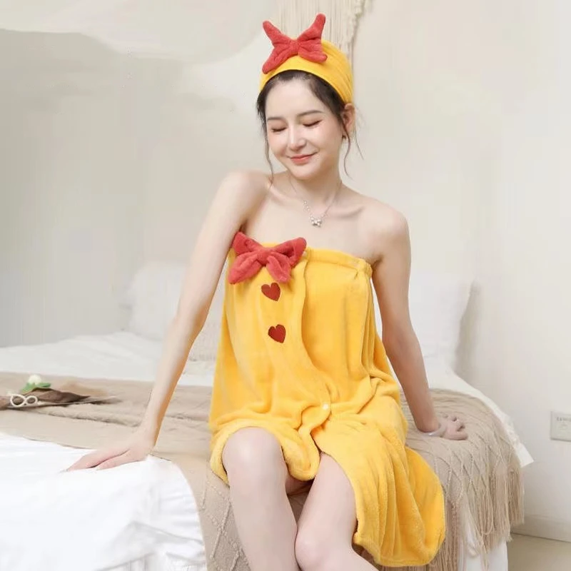 

2pcs/set Sexy Cute Bowknot Bath Towel Microfiber Bath Towels Quick-drying Soft Flannel Nightdress Bathrobe with Hair Dry Cap