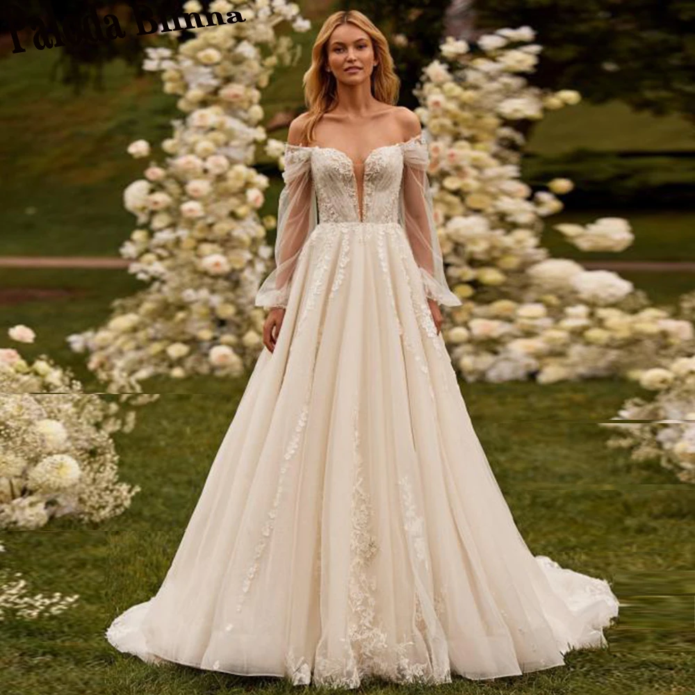 

Paloda Classic Off The Shoulder Wedding Gown For Bride Pleat Full Lantern Sleeves Tulle Court Train Strapless A-LINE Appliques