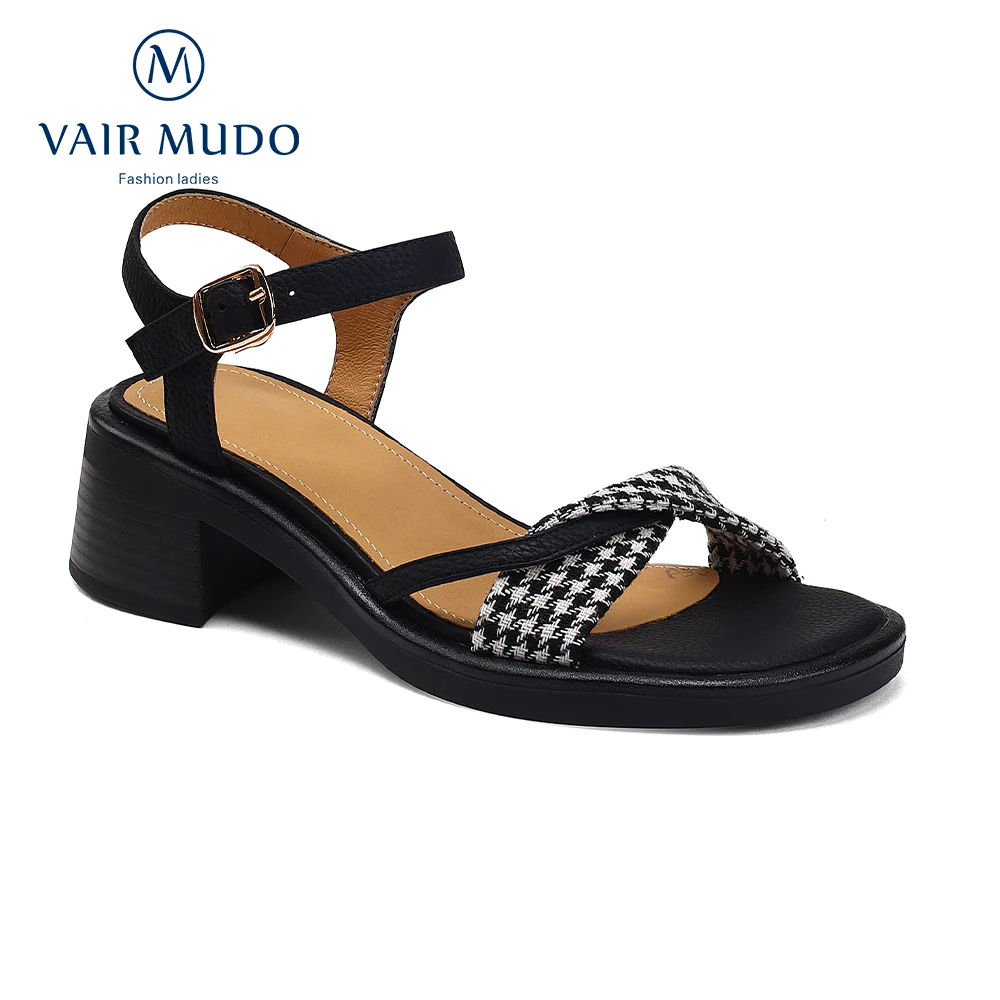 

VAIR MUDO Women Thick Low Heels Casual Sandals Elegant Retro Rounded Toe Buckle Shoes For Lady Microfiber Leather Soft