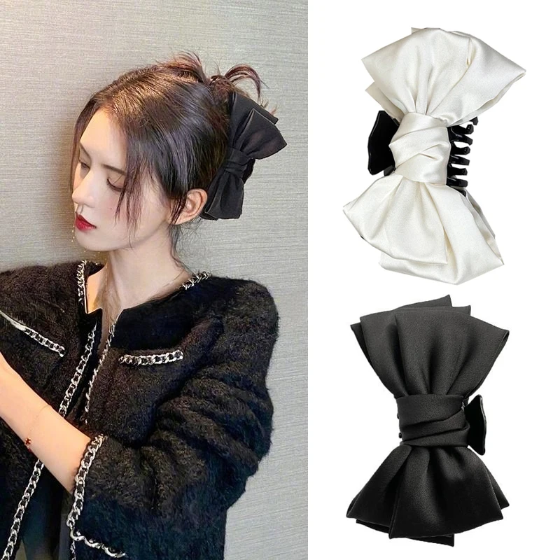 

French Satin Big Bow Hair Clip Double Sided Bow-knot Hair Claws Elegant Large Shark Clip Vintage Fashion Women Hair Accessories