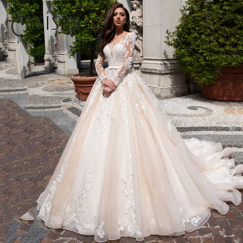 

OYISHA Vintage Tulle Wedding Dress 2023 Scoop Neck A-line Bridal Gowns Charm Back Buttons Long Sleeve Appliques vestido de noiva