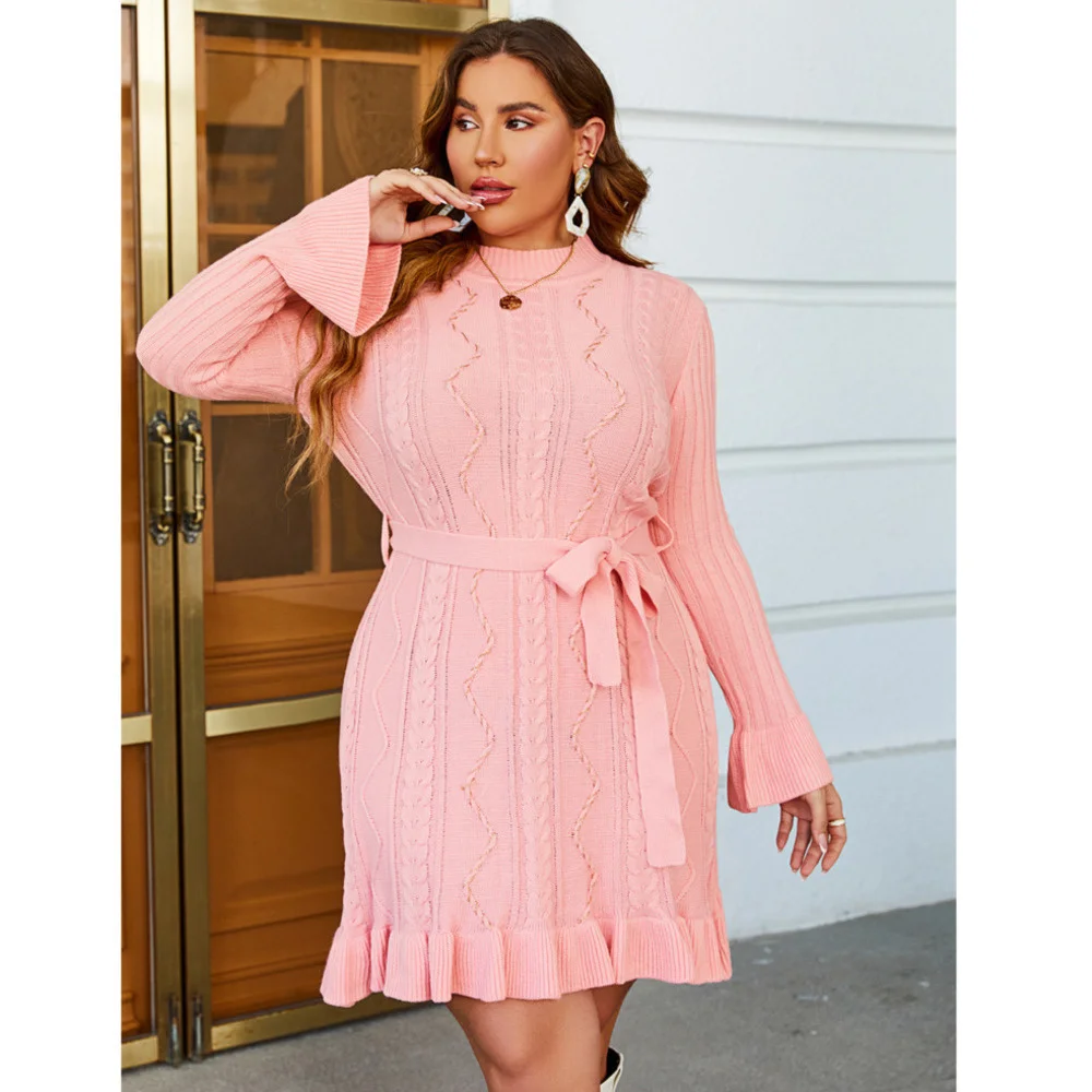 2022 Woolen Vacation Wind Lotus Leaf Sleeve Large Plus Size Dress Autumn Winter Round Neck Long Sleeve Pullover Women's Dress