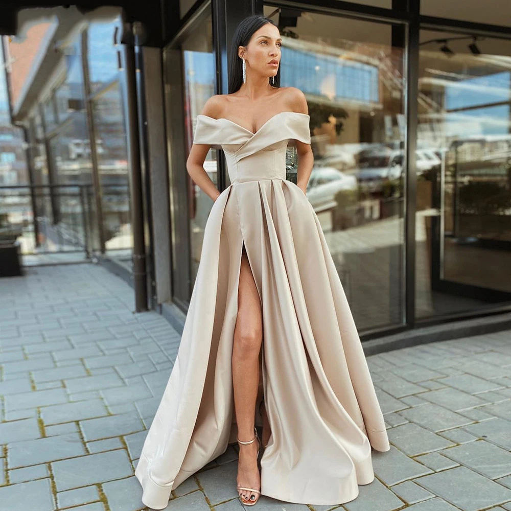 

JEHETH Sexy Off The Shoulder Satin Evening Dresses Long Sexy High Slit Party Gown Elegant High Waist Prom Dress Robe De Soiree