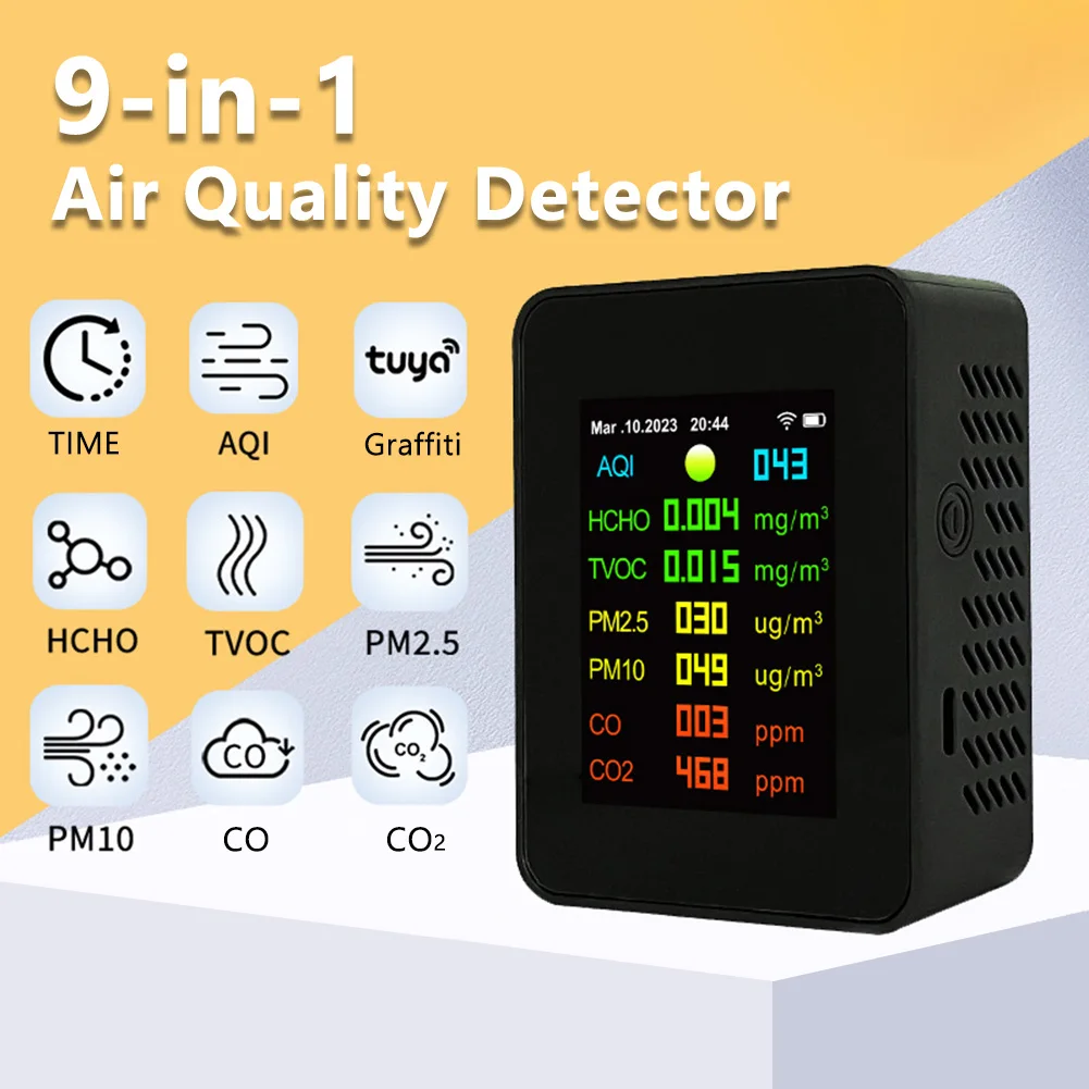 

9in1 Air Quality Monitor Digital M2.5 PM10 HCHO TVOC CO CO2 Meter Air Quality Detector Multifunctional Accurate for Home/Office