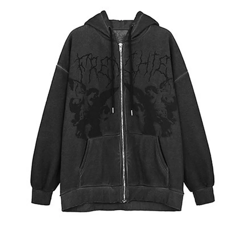 Y2K Clothes Women Vintage Printed Zip Up Hoodie Sweatshirts Oversized Ladies Casual Loose Zipper Jackets Hooded Tops Streetwear