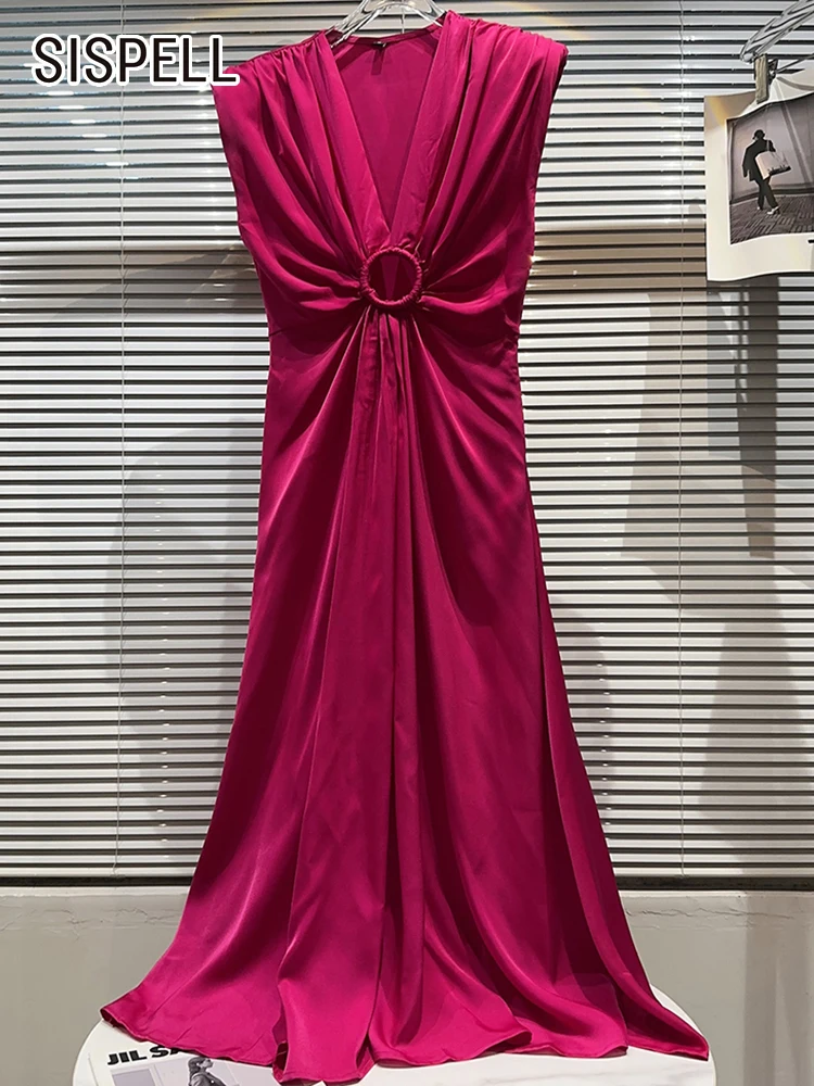 

SISPELL Casual Dress For Women Deep V Neck Sleeveless High Waist Hollow Out Solid Minimalist Dresses Female Fashion New Style