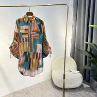 classical loose blouse 2022 autumn high quality freen yellow pink stripes drawstring sleeves comfortable women shirts