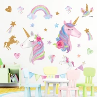 2 sheets kawaii unicorn wall sticker diy gold pink child bedroom study living room background decor party scene stickers 3090cm