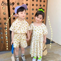 criscky brother and sister kids 2022 summer boys lapel shorts suit girls round neck floral dress pure cotton floral skirt